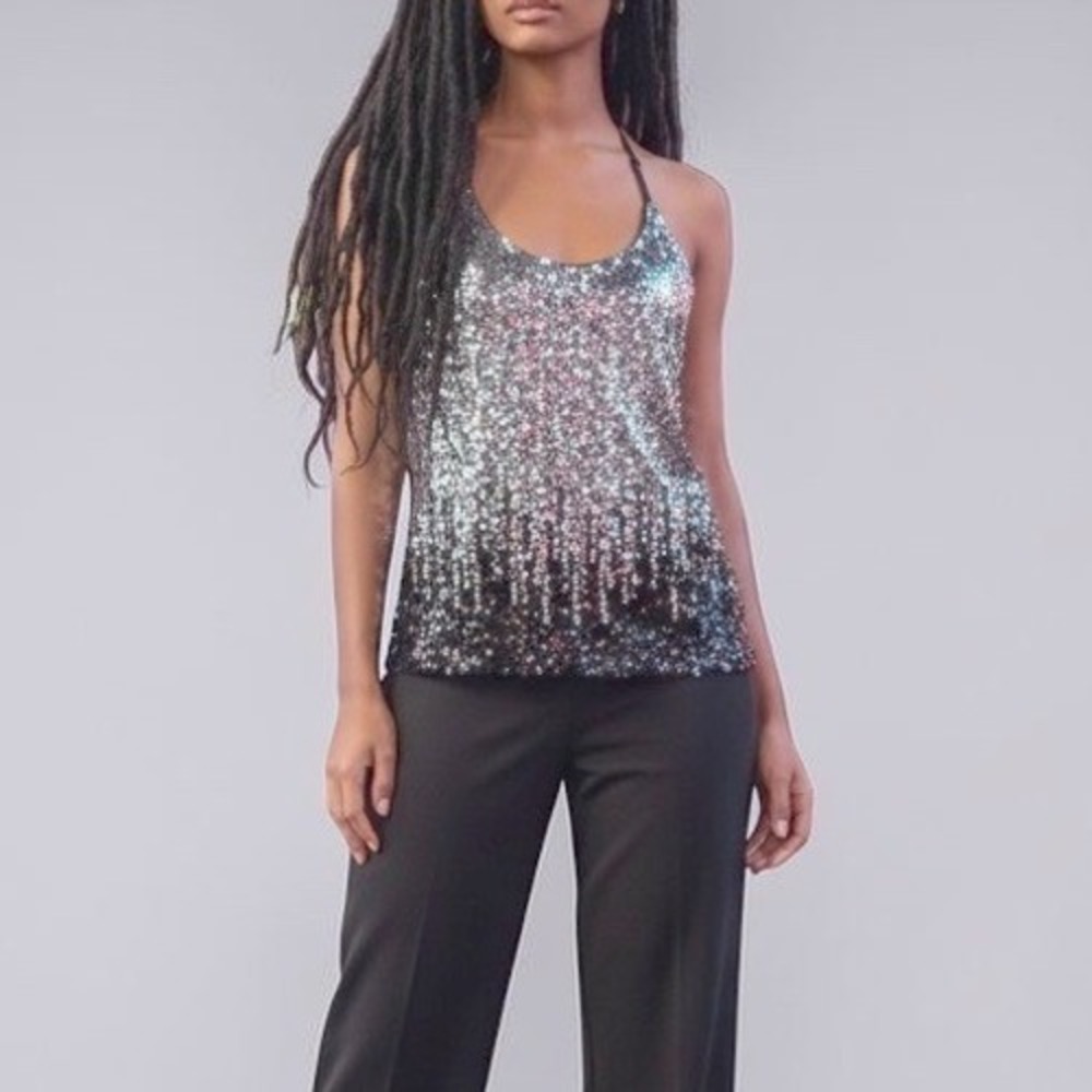 Silver Black Ombre Sequin Tank Top Women Medium Glam Night Out Sparkle Disco NYE